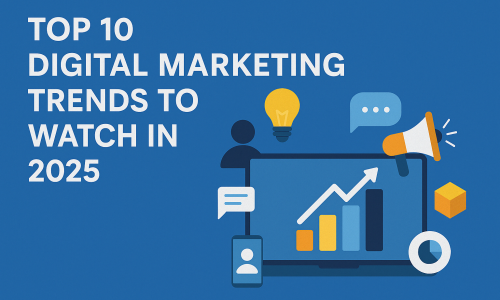Top 10 Digital Marketing Trends to Watch in 2025 – illustrated with marketing icons like graphs, lightbulb, and megaphone on a blue background.